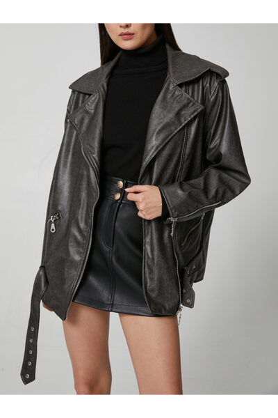 Eskitme Gri Oversize Deri Ceket