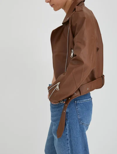 Kahverengi Crop Slim Fit Deri Ceket - Görsel 2