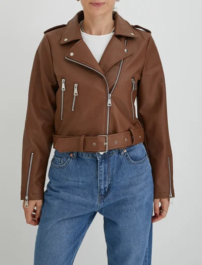 Kahverengi Crop Slim Fit Deri Ceket - Görsel 3