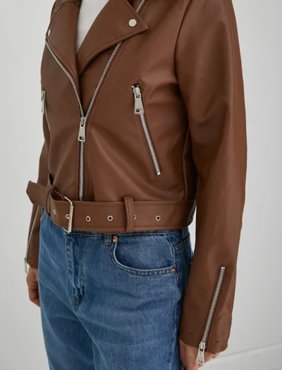 Kahverengi Crop Slim Fit Deri Ceket - Görsel 4