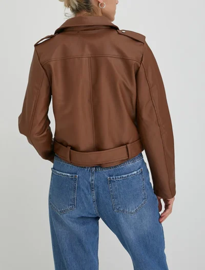 Kahverengi Crop Slim Fit Deri Ceket - Görsel 5