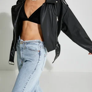 Siyah Crop Oversize Deri Ceket