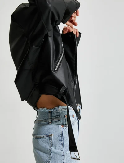 Siyah Crop Oversize Deri Ceket - Görsel 2