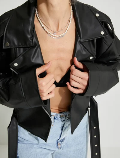 Siyah Crop Oversize Deri Ceket - Görsel 3
