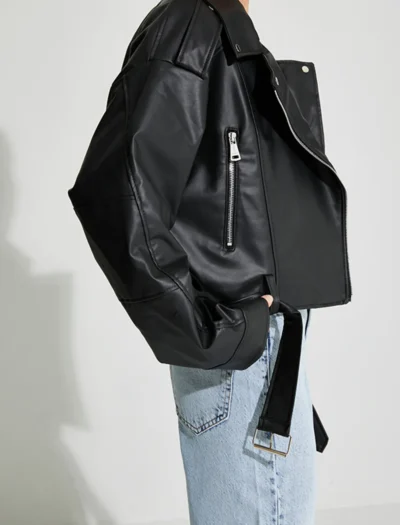Siyah Crop Oversize Deri Ceket - Görsel 4