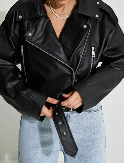 Siyah Crop Oversize Deri Ceket - Görsel 5
