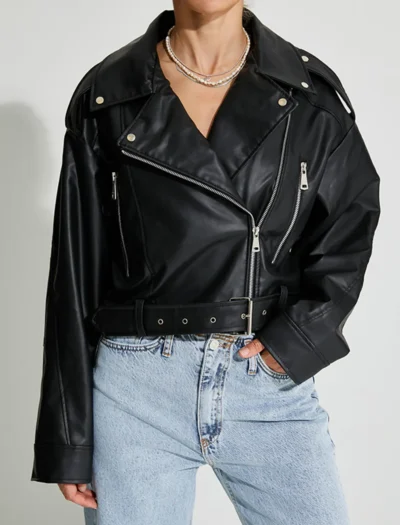 Siyah Crop Oversize Deri Ceket - Görsel 6
