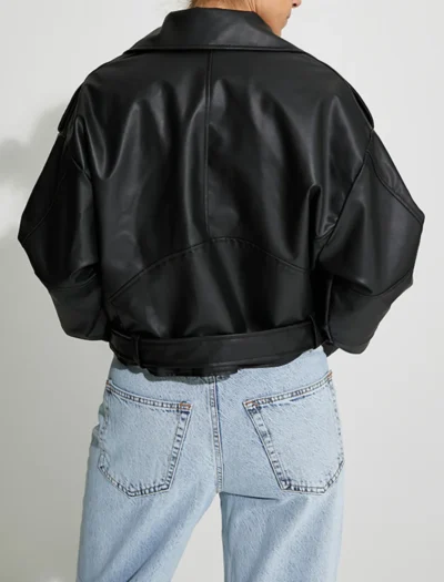 Siyah Crop Oversize Deri Ceket - Görsel 8